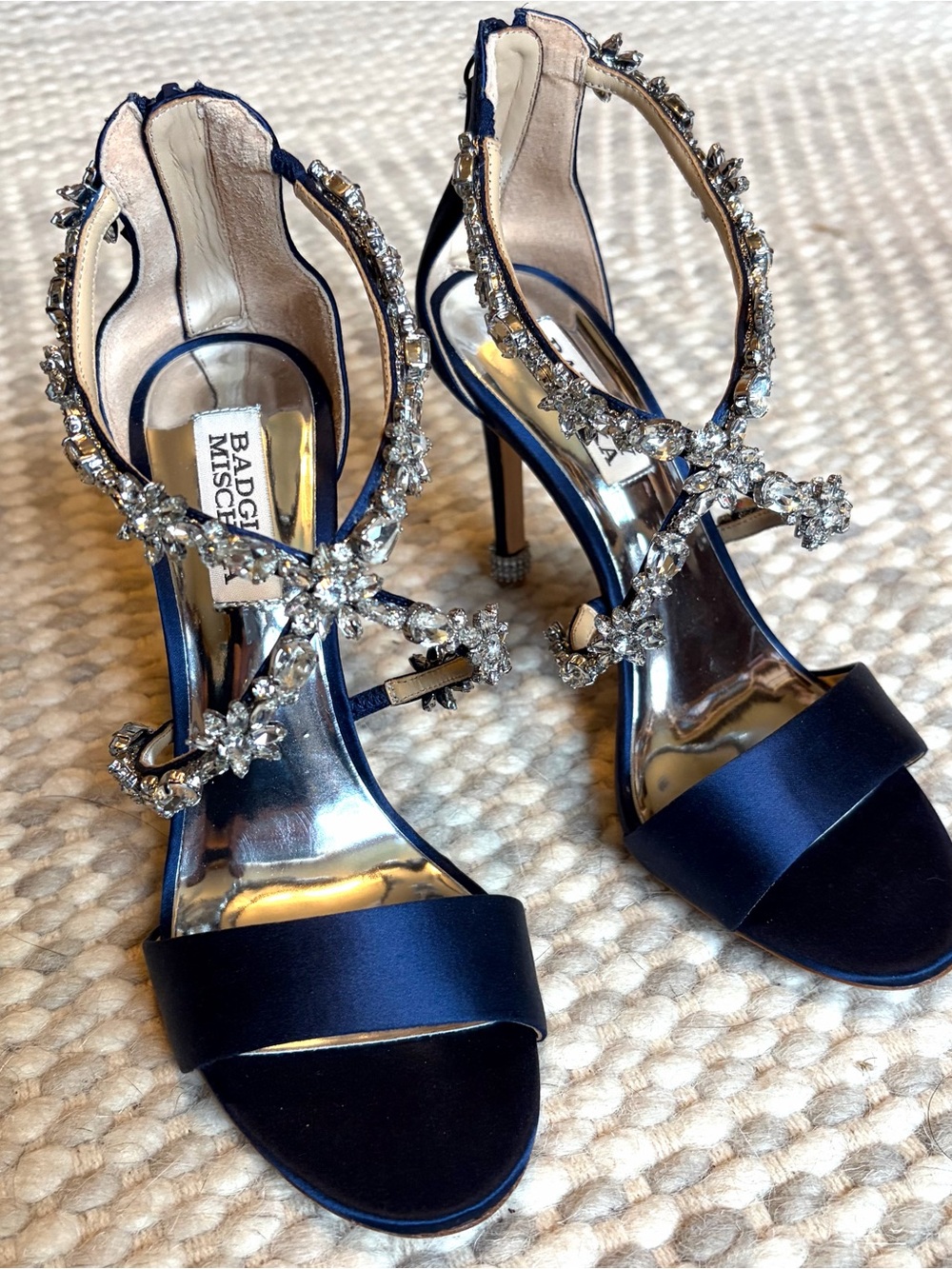 Badgley Mischka Navy Satin Crystal-Embellished T-Strap Heels
